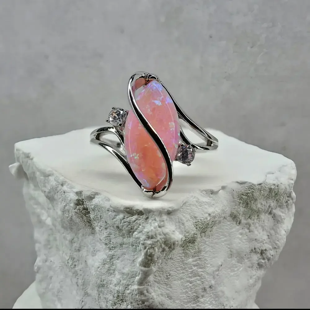 Size 9 Marquise Pink Fire Opal Ribbon Bypass Ring in Solid 925 Sterling Silver